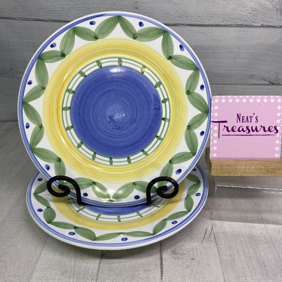 Williams Sonoma MARISOLBlue Yellow Green Blue Bands Italy Dinner Plates Set 2